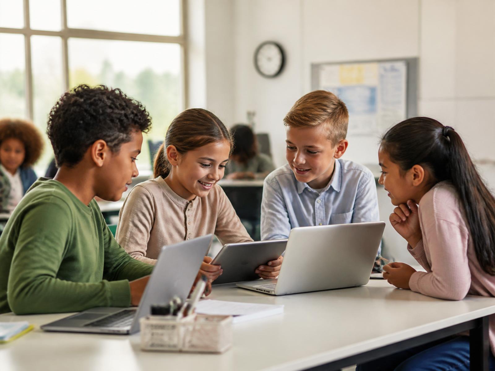 Elementary students collaborating around tablets and laptops